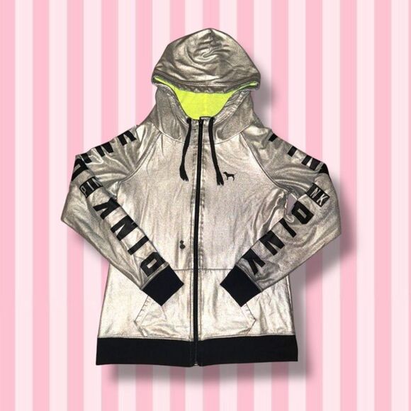Victoria's Secret Full Zip Metallic Silver Neon Green Fashion Show Lined Hoodie - Picture 1 of 13